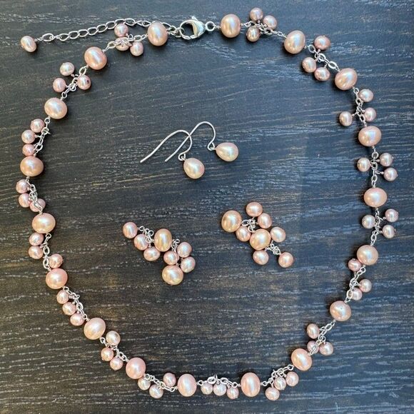 HONORA Sterling Silver Pink Pearl Cluster NECKLACE & Drop Earrings 16" - 19" - Picture 2 of 14